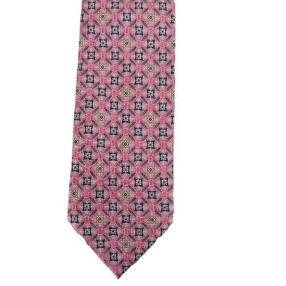 Vintage Meeting Street Handmade Silk Tie LONG Pink Blue Tan Geometric Preppy - Picture 1 of 3